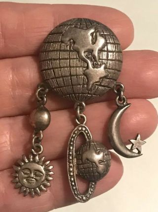 Vintage Sterling Silver Globe Brooch Pin Sun Crescent Moon Star Dangles