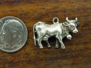 Vintage Sterling Silver Cow W/ Bell Farm 3d Solid Detailed Charm 4.  80g