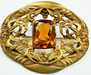 Antique Victorian Gilt Brass Filigree Citrine Glass Sash Brooch 1895 C&r Co