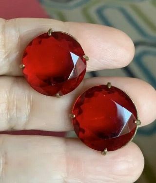 Vintage Large Ruby Red Faceted Glass Rhinestone Gold Tone Earrings