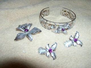 Vintage B.  N.  Necklace Bracelet Screw On Earrings Set - Silver Tone Purple Stones