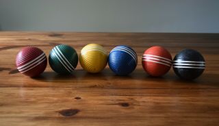 Vintage Set Of 6 Painted Wood 3 " Ribbed Striped Croquet Balls