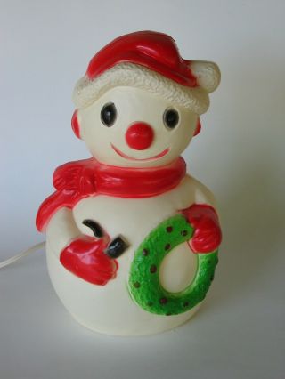 Vtg Union 10 " Blowmold Snowman With Pipe & Wreath Christmas Tabletop Light