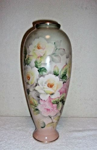 Vintage Floral Pattern Decorated Pink And White Roses 12 " Vase Made In Japan
