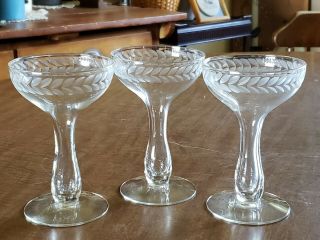 3 Vintage Clear Glass Etched Rim Hollow Stem Champagne Glasses
