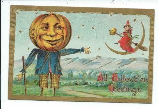 Vintage Halloween Post Card Postcard Witch Pumpkin Moon