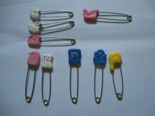 9 Vintage Baby Diaper Safety Pins 2 1/2 " Long Animals Birds