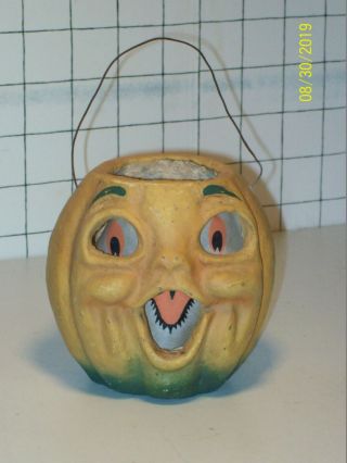 Vintage Halloween Paper Mache Pulp Pumpkin Jack O Lantern W/insert