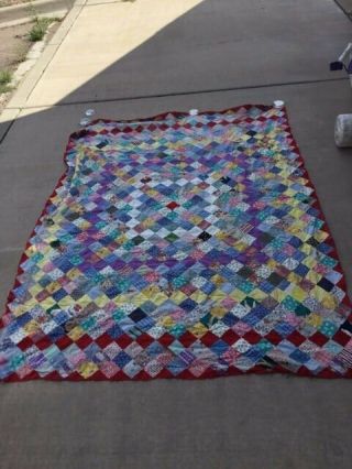 Vintage Multi Color Pattern Diamond Checkered Quilt Top Ready To Finish - Handma