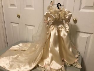 Ivory Satin Bride Doll Dress For 19” - 20” Doll - Vail - Long Train Wedding
