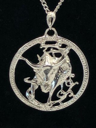 Vintage Silver Tone Zodiac Taurus Horoscope Large Medallion Necklace