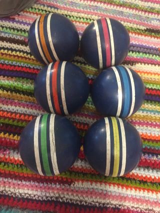 6 Vintage Wood Croquet Balls 3 Striped Blue W/ White Stripes & Color