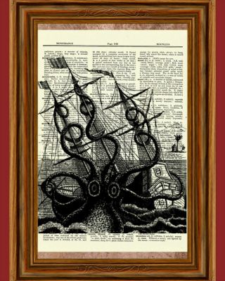 Octopus Attacking Ship Dictionary Art Print Picture Ocean Vintage Boat Poster