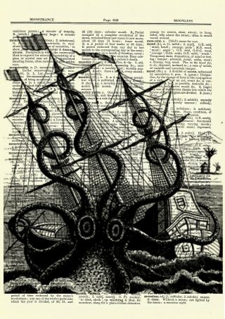 Octopus Attacking Ship Dictionary Art Print Picture Ocean Vintage Boat Poster 2