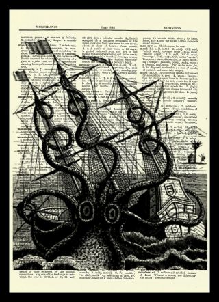 Octopus Attacking Ship Dictionary Art Print Picture Ocean Vintage Boat Poster 3