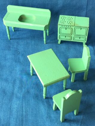 Vtg Strombecker Wood Dollhouse Miniature Kitchen Table 2chairs Sink Stove/oven