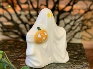 Vintage Miniature Dollhouse Artisan Halloween Porcelain Ghost Holding Pumpkin