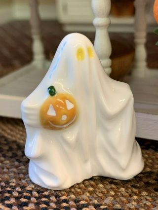 Vintage Miniature Dollhouse Artisan Halloween Porcelain Ghost Holding Pumpkin 3