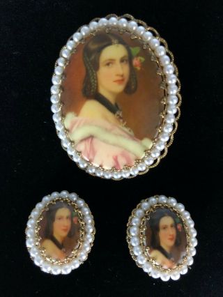 Vintage W.  Germany Gold Tone With Faux Pearls Cameo Brooch & Earrings Set