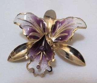 Vtg 2 - 3/4” Gold Tone Orchid Flower 3d Brooch White Purple Enamel Rhinestone