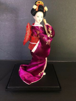 Vintage 9” Japanese Geisha Doll In Dress With Fan,  Display Box