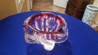 Vintage Murano Three Fold Art Glass Ashtray Cranberry And Clear