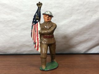Vintage Wwi Doughboy Soldier Color Guard Flag Bearer Die - Cast Metal Toy Army Man