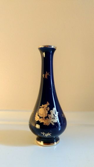 Vintage Limoges France Cobalt Blue Porcelain Bud Vase 22k Gold 4.  5 Inch