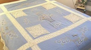 Vtg Embroidered Blue Cotton Bedspread Filet Crochet Appliques Lace Inserts Edge