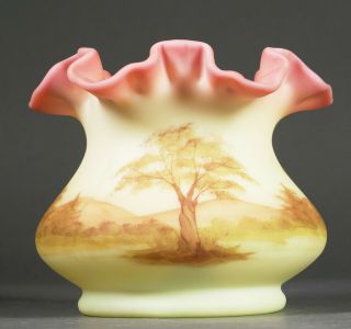 Vtg Fenton Art Glass Hand Painted Signed Connie Ash Burmese Ruffle Top Vase 2