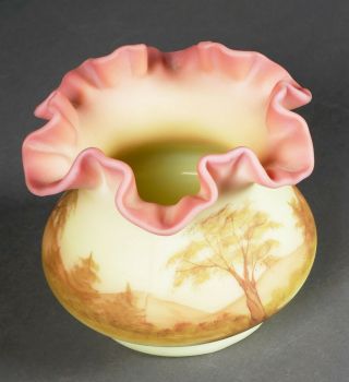 Vtg Fenton Art Glass Hand Painted Signed Connie Ash Burmese Ruffle Top Vase 3