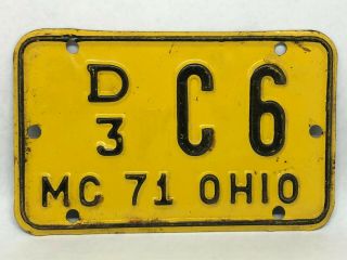 Vintage 1971 Ohio State Motorcycle License Plate Yellow 71 Plate