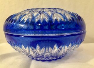 Vintage Czech Cobalt Blue Cut To Clear Covered Trinket Box Bowl Dish Bohemian