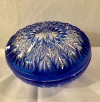 Vintage Czech Cobalt Blue Cut To Clear Covered Trinket Box Bowl Dish Bohemian 2
