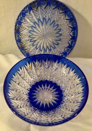 Vintage Czech Cobalt Blue Cut To Clear Covered Trinket Box Bowl Dish Bohemian 4