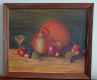 Vintage 1969 Still Life Painting Harvest Oil Canvas Board Signed Nancy Martin Tn