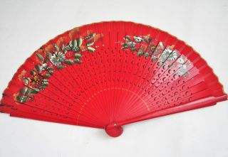 Vintage Folding Pocket Fan Floral Hand Painted Detailed Red Wood Wall Decor