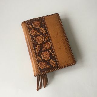 Vintage 1965 Light Brown Embossed Leather Book Cover Marked With Mt