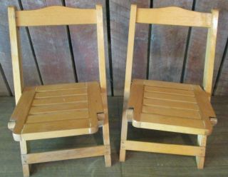 2 Vtg Antique Wood Wooden Slat Folding Chair - Child Size Or Doll Pair
