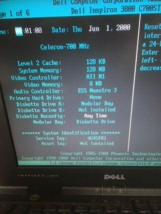 Vintage Dell inspiron 3800 R700ST CELERON 700MHZ 128 MB 3.  5 floppy boots to DOS 4