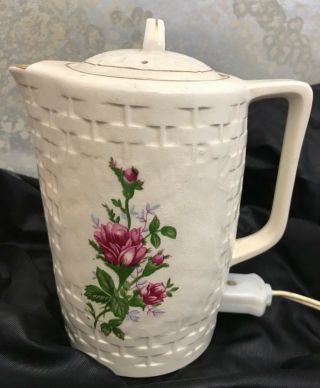 Vintage Lobeco Japan Floral Ceramic 4 Cup Electric Hot Water Heater With Label