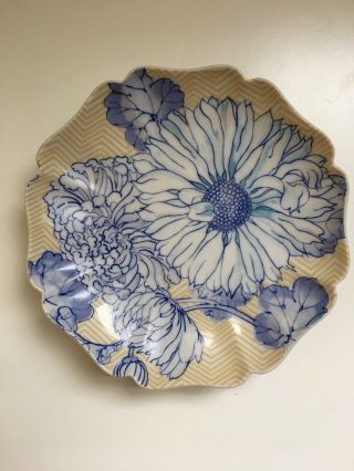 Vtg Fitz And Floyd 1975 Decorative Plate Dinnerware Yellow Chevron Blue Flowers