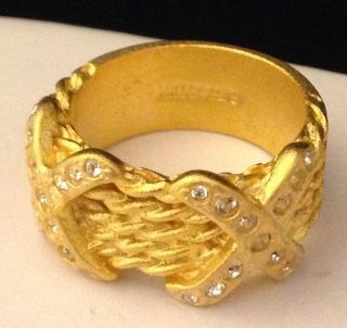 Vintage Joseph Esposito Ring Matte Gold 14k Gold Plated Clear Crystal Accents 4g