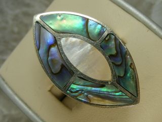 Vintage Large Sterling Silver Abalone Ring Mop Inlay Marquise Wrap Ring Mexico