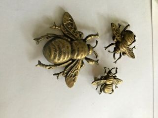 3 Vintage Lg Med & Sm Brass Color Metal Bumble Bee Bug Insect Brooch Pin
