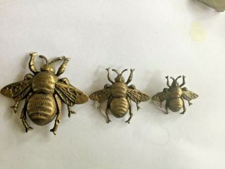 3 Vintage Lg med & Sm Brass Color Metal Bumble Bee Bug Insect Brooch Pin 2
