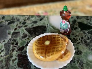 Artisan Vintage Miniature Dollhouse Syrup Waffles Butter Porcelain Plate Food