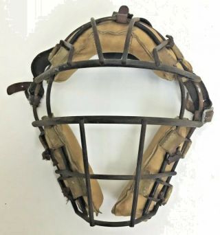 Vintage 1930s Baseball Catchers Mask Face Guard Metal Cage Leather Pad