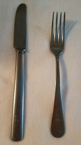 Vintage Ww Ll U.  S.  N.  Silco Stainless Mess Hall Knife And Fork Set