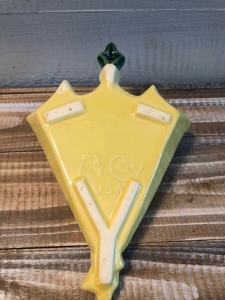 Vintage 1950 ' s McCoy Green & Yellow Ceramic Wall Pocket Pottery Fan Floral 7